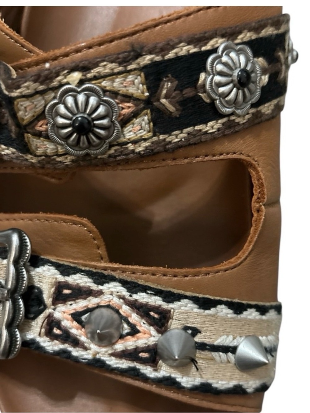 Ash Ulysse Western Embellished Buckle Slide Sandals in Tan & Black - Picture 7 of 8